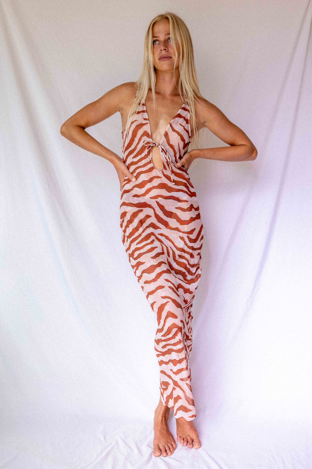 Maxi Dress in Dune animal print, full-length front view showing deep V-neckline, front tie detail, and flowing silhouette by Antidote The Label