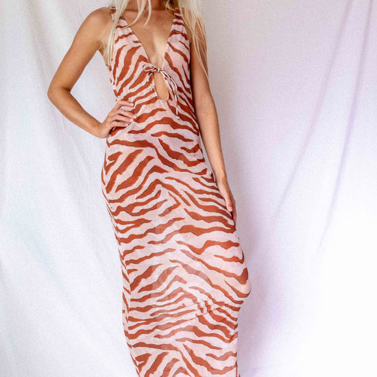 Maxi Dress in Dune animal print, full-length front view showing keyhole tie neckline and elongated silhouette by Antidote The Label