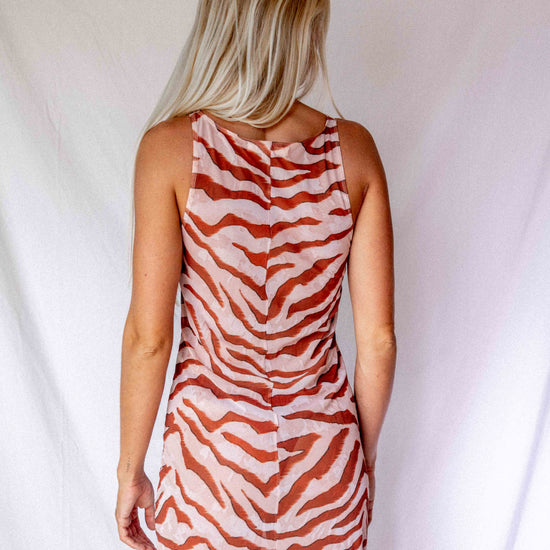 Maxi Dress in Dune animal print, full back view showing racerback construction and floor-length silhouette