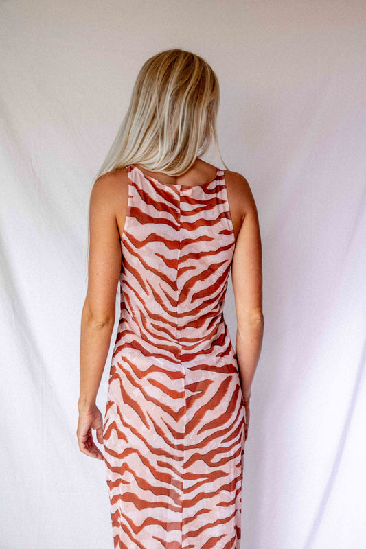Maxi Dress in Dune animal print, full back view showing racerback construction and floor-length silhouette